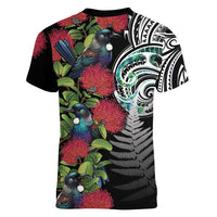 Meri Kirihimete New Zealand Women V-Neck T-Shirt Tui on Pohutukawa