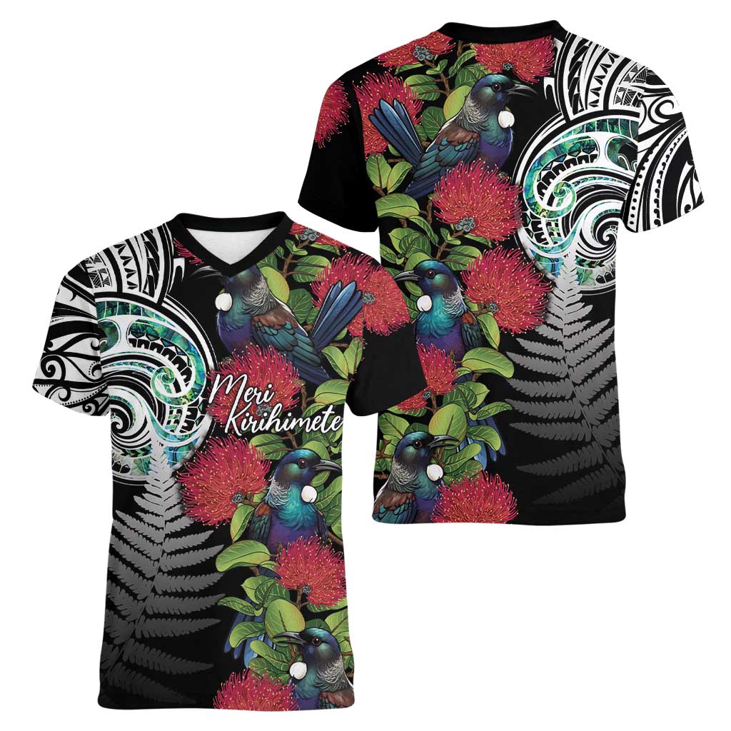 Meri Kirihimete New Zealand Women V-Neck T-Shirt Tui on Pohutukawa