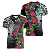 Meri Kirihimete New Zealand Women V-Neck T-Shirt Tui on Pohutukawa