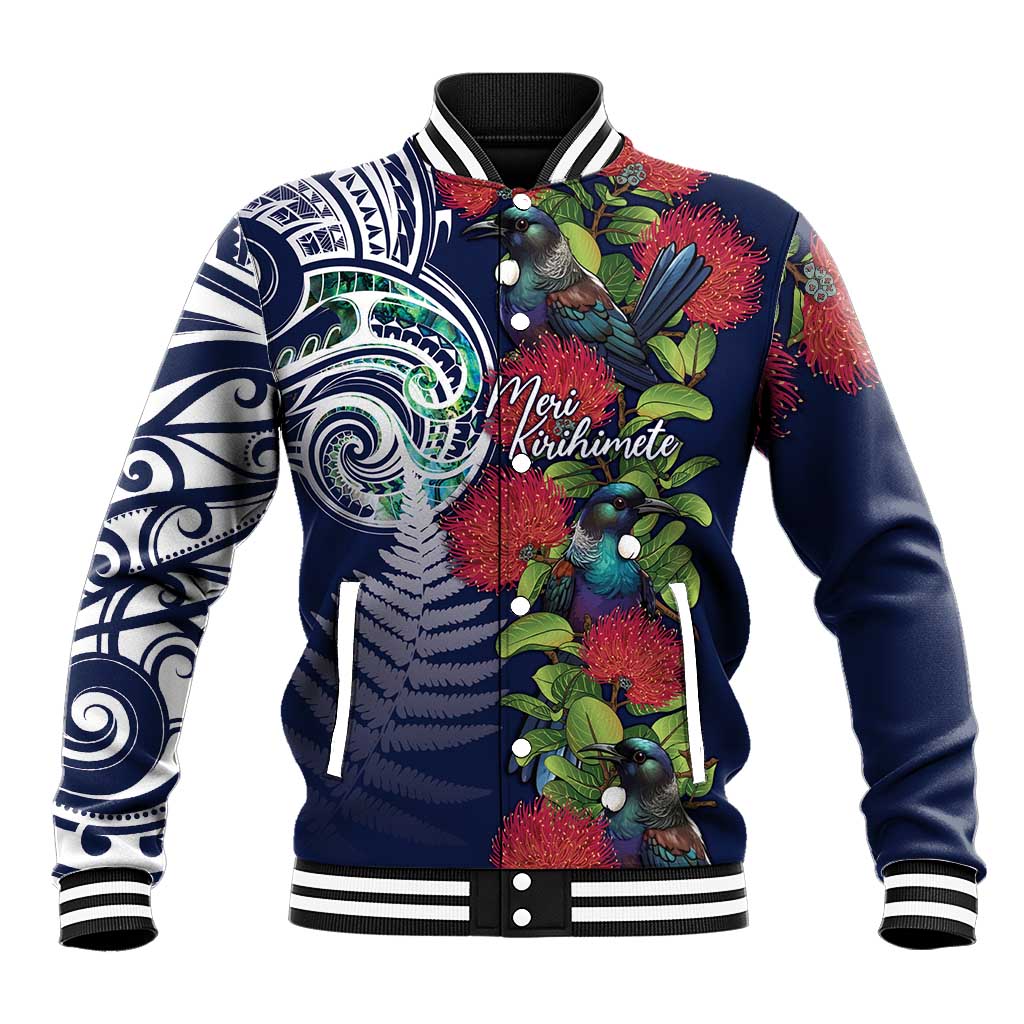 Meri Kirihimete New Zealand Baseball Jacket Tui on Pohutukawa - Blue Ver