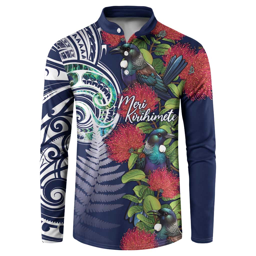 Meri Kirihimete New Zealand Button Sweatshirt Tui on Pohutukawa - Blue Ver