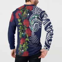 Meri Kirihimete New Zealand Button Sweatshirt Tui on Pohutukawa - Blue Ver