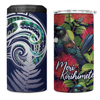 Meri Kirihimete New Zealand 4 in 1 Can Cooler Tumbler Tui on Pohutukawa - Blue Ver LT7 One Size: 16 oz Blue - Polynesian Pride