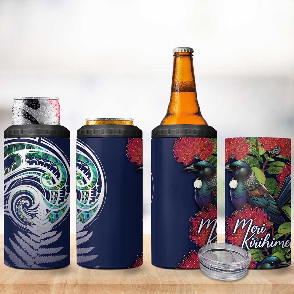 Meri Kirihimete New Zealand 4 in 1 Can Cooler Tumbler Tui on Pohutukawa - Blue Ver LT7 - Polynesian Pride
