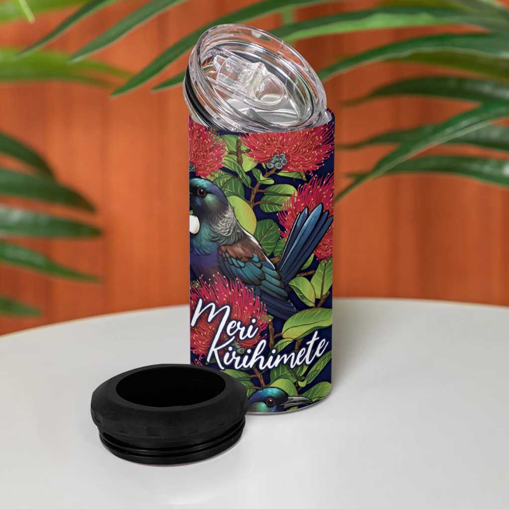 Meri Kirihimete New Zealand 4 in 1 Can Cooler Tumbler Tui on Pohutukawa - Blue Ver LT7 - Polynesian Pride
