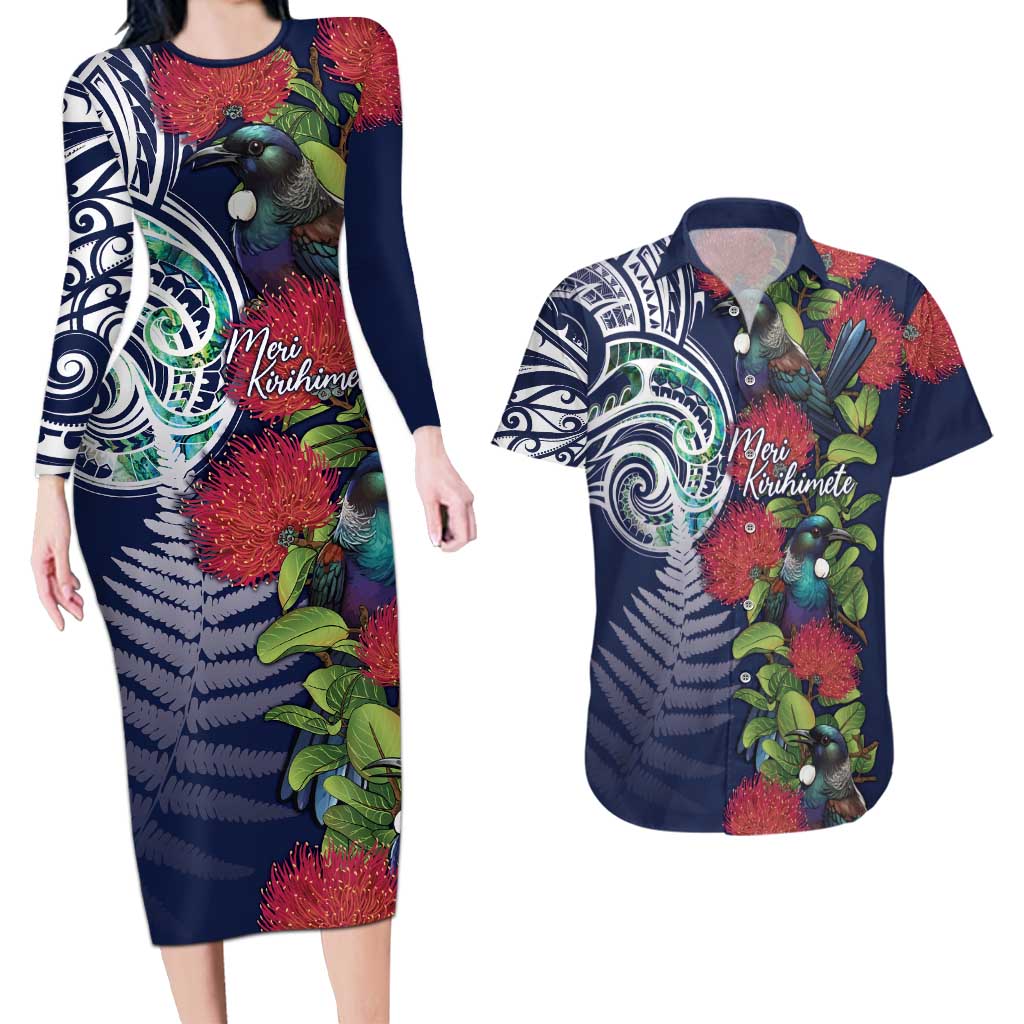 Meri Kirihimete New Zealand Couples Matching Long Sleeve Bodycon Dress and Hawaiian Shirt Tui on Pohutukawa - Blue Ver LT7 Blue - Polynesian Pride