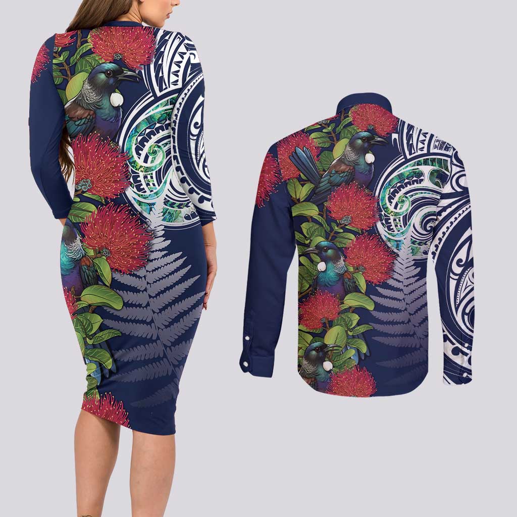 Meri Kirihimete New Zealand Couples Matching Long Sleeve Bodycon Dress and Long Sleeve Button Shirt Tui on Pohutukawa - Blue Ver LT7 - Polynesian Pride