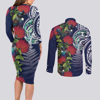 Meri Kirihimete New Zealand Couples Matching Long Sleeve Bodycon Dress and Long Sleeve Button Shirt Tui on Pohutukawa - Blue Ver LT7 - Polynesian Pride