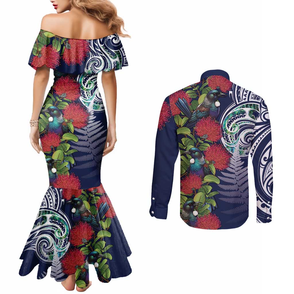 Meri Kirihimete New Zealand Couples Matching Mermaid Dress and Long Sleeve Button Shirt Tui on Pohutukawa - Blue Ver LT7 - Polynesian Pride