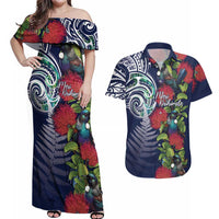Meri Kirihimete New Zealand Couples Matching Off Shoulder Maxi Dress and Hawaiian Shirt Tui on Pohutukawa - Blue Ver LT7 Blue - Polynesian Pride