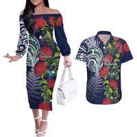 Meri Kirihimete New Zealand Couples Matching Off The Shoulder Long Sleeve Dress and Hawaiian Shirt Tui on Pohutukawa - Blue Ver LT7 Blue - Polynesian Pride