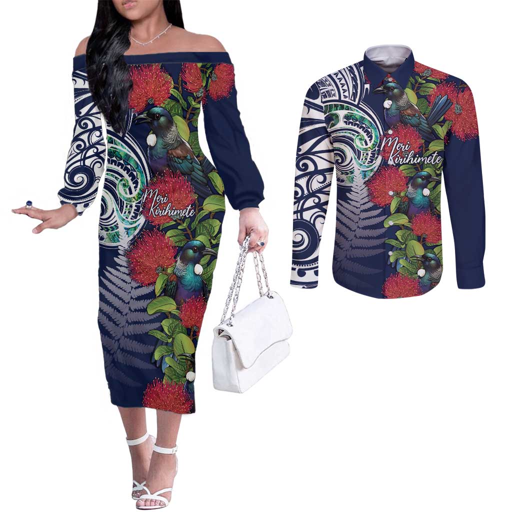 Meri Kirihimete New Zealand Couples Matching Off The Shoulder Long Sleeve Dress and Long Sleeve Button Shirt Tui on Pohutukawa - Blue Ver LT7 Blue - Polynesian Pride