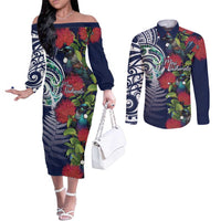 Meri Kirihimete New Zealand Couples Matching Off The Shoulder Long Sleeve Dress and Long Sleeve Button Shirt Tui on Pohutukawa - Blue Ver LT7 Blue - Polynesian Pride