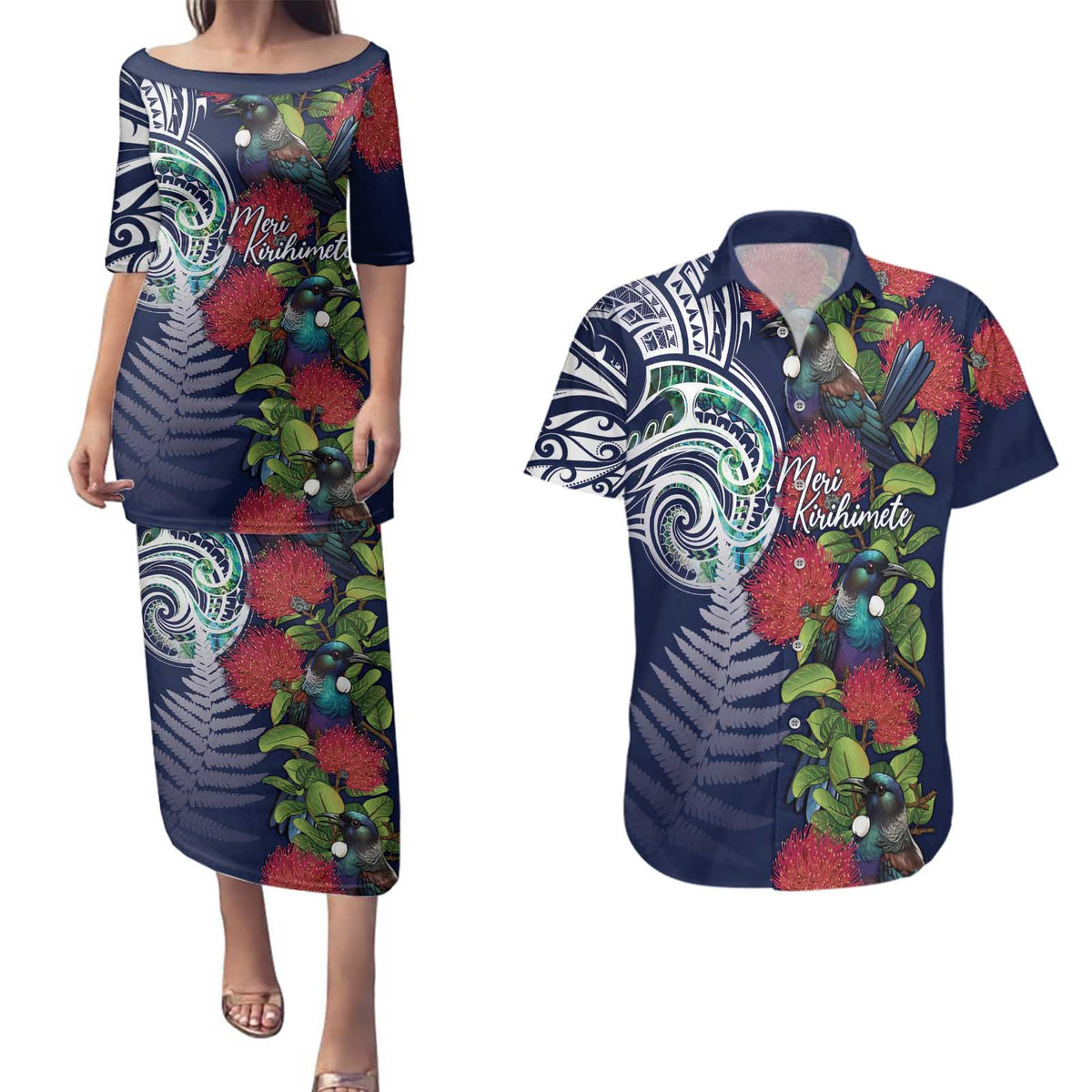Meri Kirihimete New Zealand Couples Matching Puletasi and Hawaiian Shirt Tui on Pohutukawa - Blue Ver LT7 Blue - Polynesian Pride