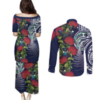 Meri Kirihimete New Zealand Couples Matching Puletasi and Long Sleeve Button Shirt Tui on Pohutukawa - Blue Ver LT7 - Polynesian Pride