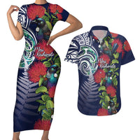 Meri Kirihimete New Zealand Couples Matching Short Sleeve Bodycon Dress and Hawaiian Shirt Tui on Pohutukawa - Blue Ver LT7 Blue - Polynesian Pride