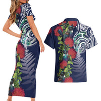 Meri Kirihimete New Zealand Couples Matching Short Sleeve Bodycon Dress and Hawaiian Shirt Tui on Pohutukawa - Blue Ver LT7 - Polynesian Pride