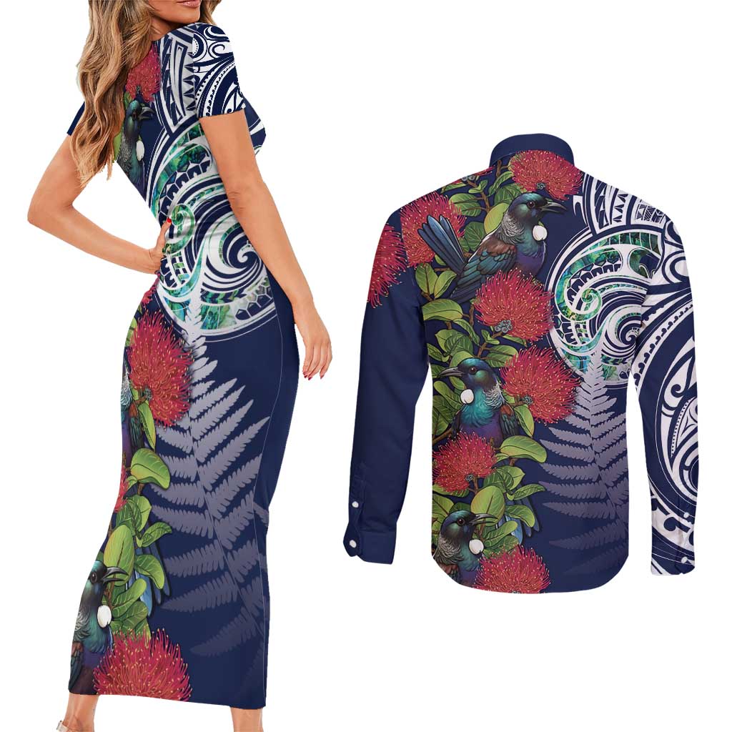 Meri Kirihimete New Zealand Couples Matching Short Sleeve Bodycon Dress and Long Sleeve Button Shirt Tui on Pohutukawa - Blue Ver LT7 - Polynesian Pride