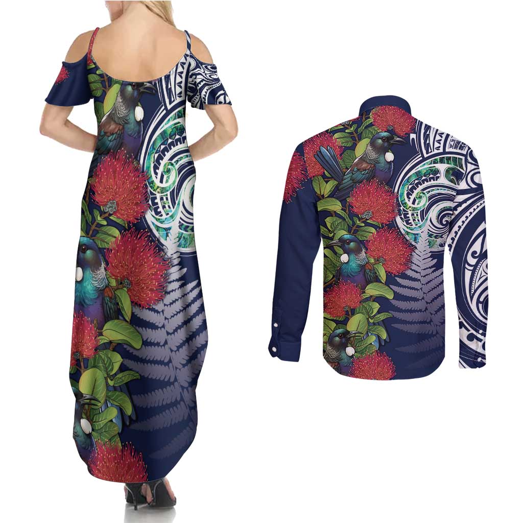 Meri Kirihimete New Zealand Couples Matching Summer Maxi Dress and Long Sleeve Button Shirt Tui on Pohutukawa - Blue Ver LT7 - Polynesian Pride