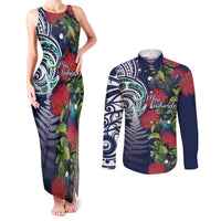 Meri Kirihimete New Zealand Couples Matching Tank Maxi Dress and Long Sleeve Button Shirt Tui on Pohutukawa - Blue Ver LT7 Blue - Polynesian Pride
