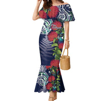 Meri Kirihimete New Zealand Family Matching Mermaid Dress and Hawaiian Shirt Tui on Pohutukawa - Blue Ver LT7 Mom's Dress Blue - Polynesian Pride