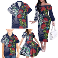 Meri Kirihimete New Zealand Family Matching Off The Shoulder Long Sleeve Dress and Hawaiian Shirt Tui on Pohutukawa - Blue Ver LT7 - Polynesian Pride