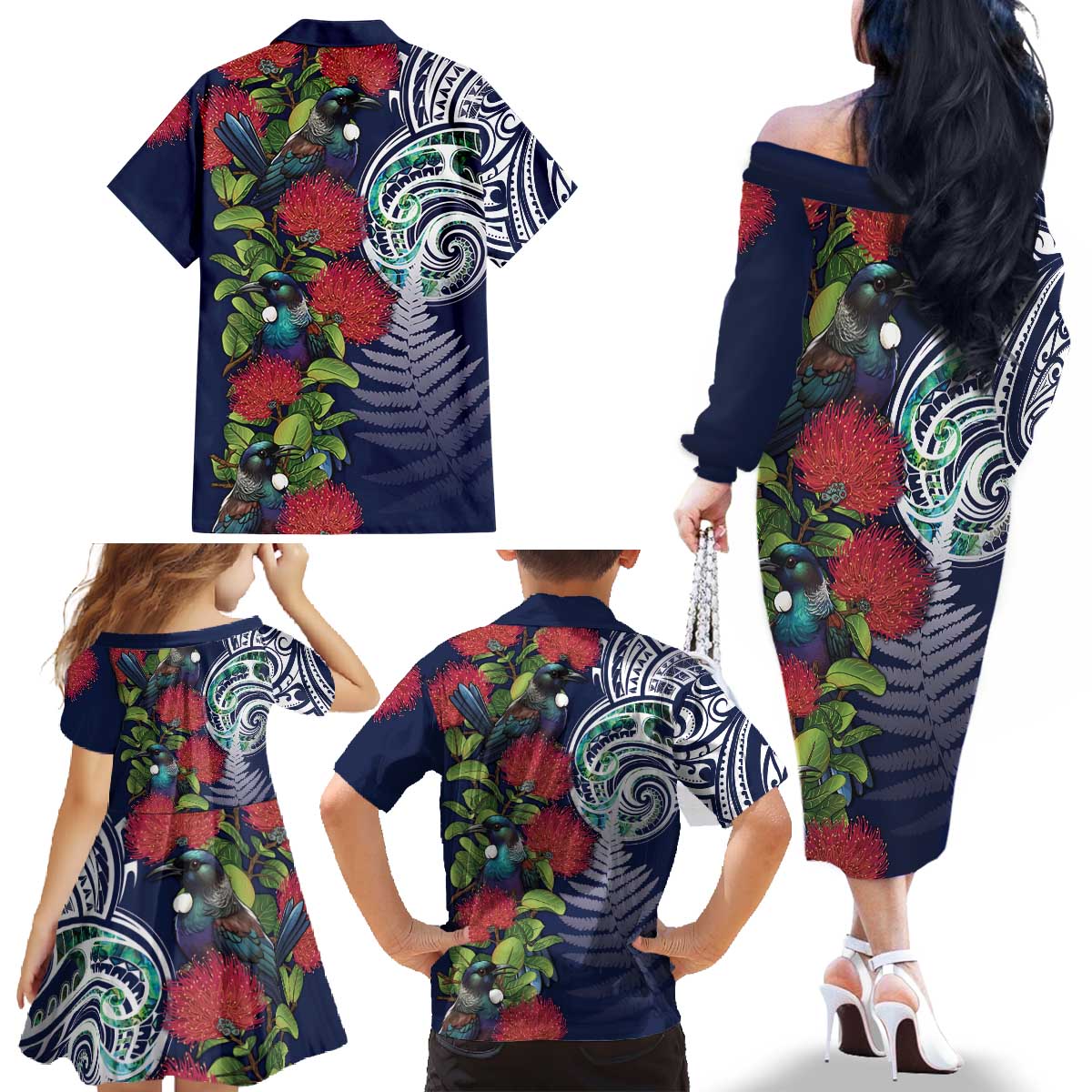 Meri Kirihimete New Zealand Family Matching Off The Shoulder Long Sleeve Dress and Hawaiian Shirt Tui on Pohutukawa - Blue Ver LT7 - Polynesian Pride