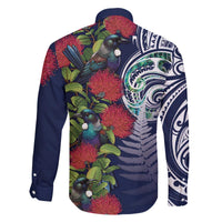 Meri Kirihimete New Zealand Family Matching Off The Shoulder Long Sleeve Dress and Hawaiian Shirt Tui on Pohutukawa - Blue Ver LT7 - Polynesian Pride