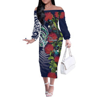 Meri Kirihimete New Zealand Family Matching Off The Shoulder Long Sleeve Dress and Hawaiian Shirt Tui on Pohutukawa - Blue Ver LT7 Mom's Dress Blue - Polynesian Pride
