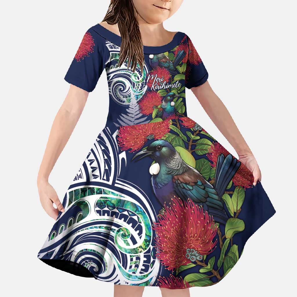 Meri Kirihimete New Zealand Family Matching Off Shoulder Maxi Dress and Hawaiian Shirt Tui on Pohutukawa - Blue Ver LT7 Daughter's Dress Blue - Polynesian Pride