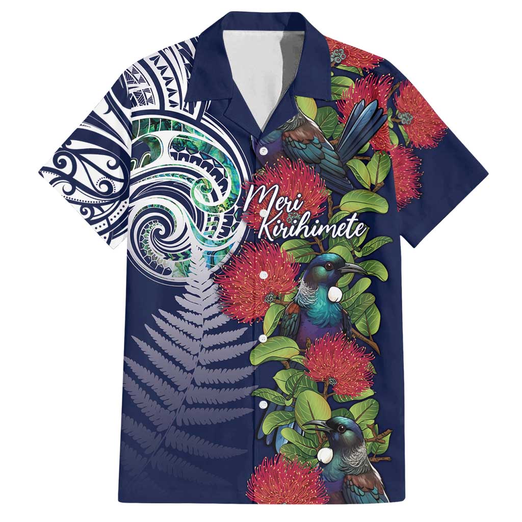 Meri Kirihimete New Zealand Family Matching Puletasi and Hawaiian Shirt Tui on Pohutukawa - Blue Ver LT7 Dad's Shirt - Short Sleeve Blue - Polynesian Pride