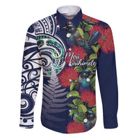 Meri Kirihimete New Zealand Family Matching Puletasi and Hawaiian Shirt Tui on Pohutukawa - Blue Ver LT7 Dad's Shirt - Long Sleeve Blue - Polynesian Pride
