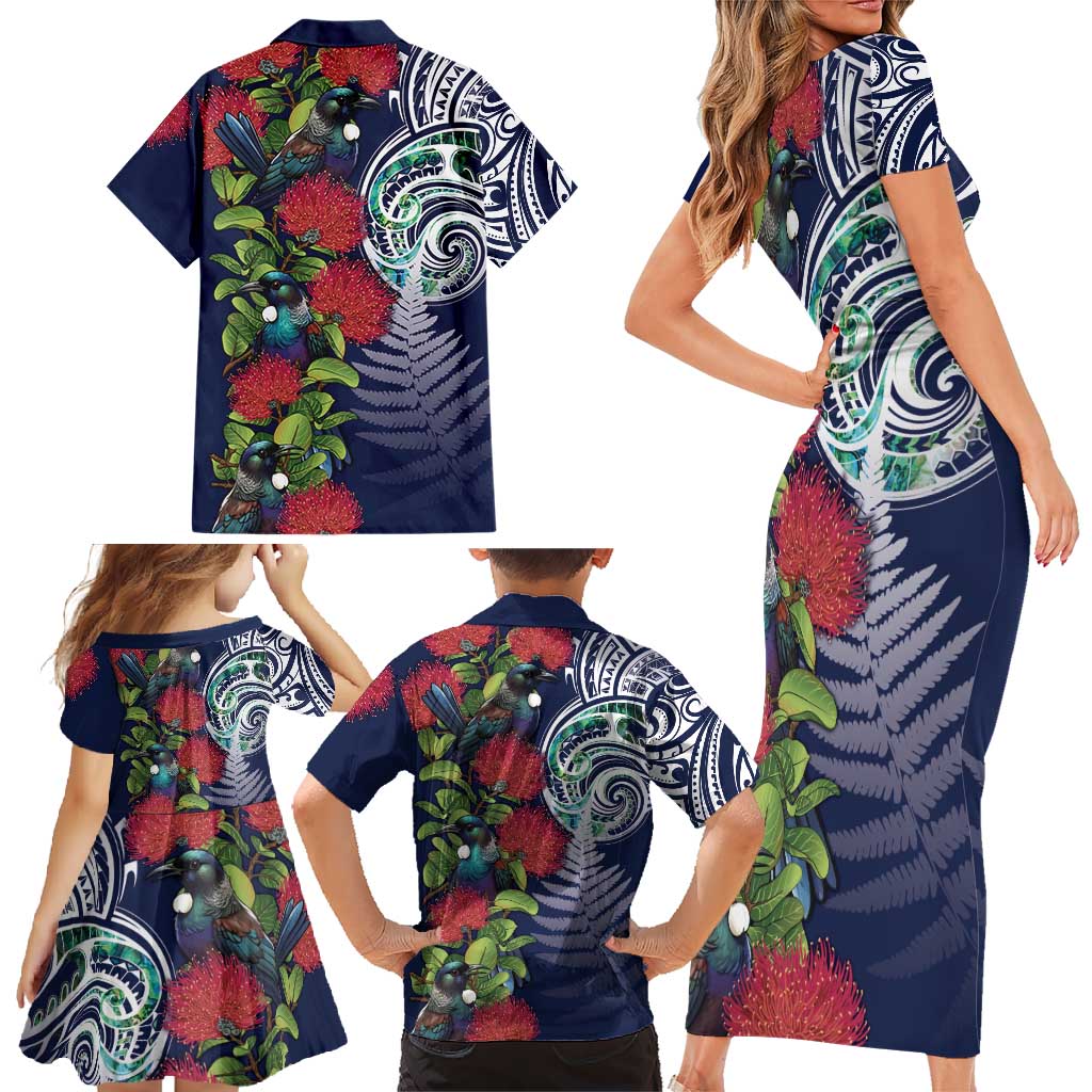 Meri Kirihimete New Zealand Family Matching Short Sleeve Bodycon Dress and Hawaiian Shirt Tui on Pohutukawa - Blue Ver LT7 - Polynesian Pride