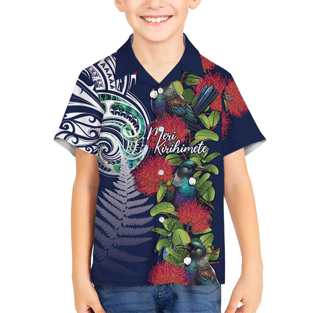 Meri Kirihimete New Zealand Family Matching Short Sleeve Bodycon Dress and Hawaiian Shirt Tui on Pohutukawa - Blue Ver LT7 Son's Shirt Blue - Polynesian Pride