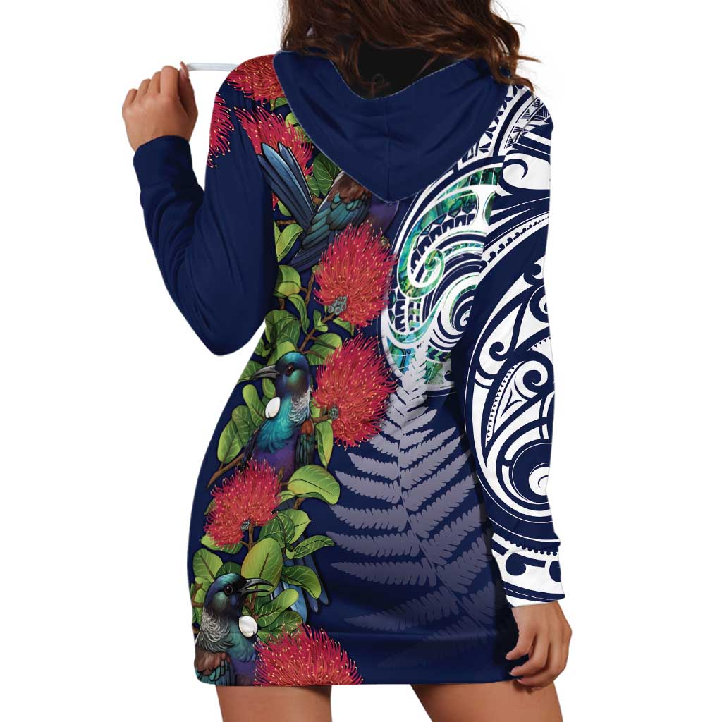 Meri Kirihimete New Zealand Hoodie Dress Tui on Pohutukawa - Blue Ver