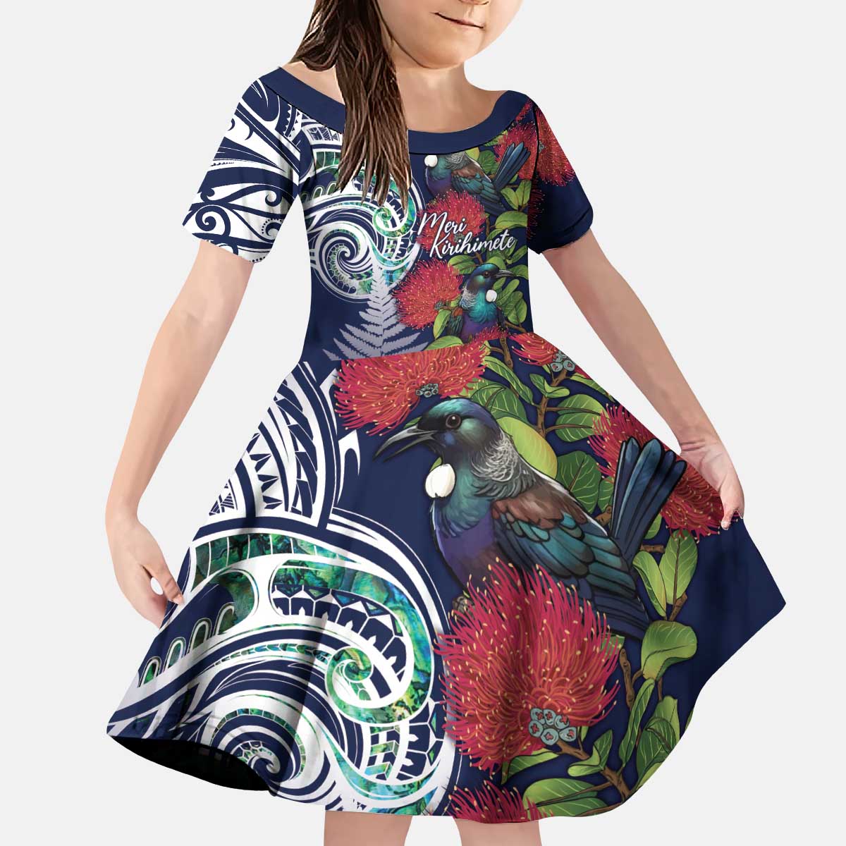 Meri Kirihimete New Zealand Kid Short Sleeve Dress Tui on Pohutukawa - Blue Ver LT7 KID Blue - Polynesian Pride