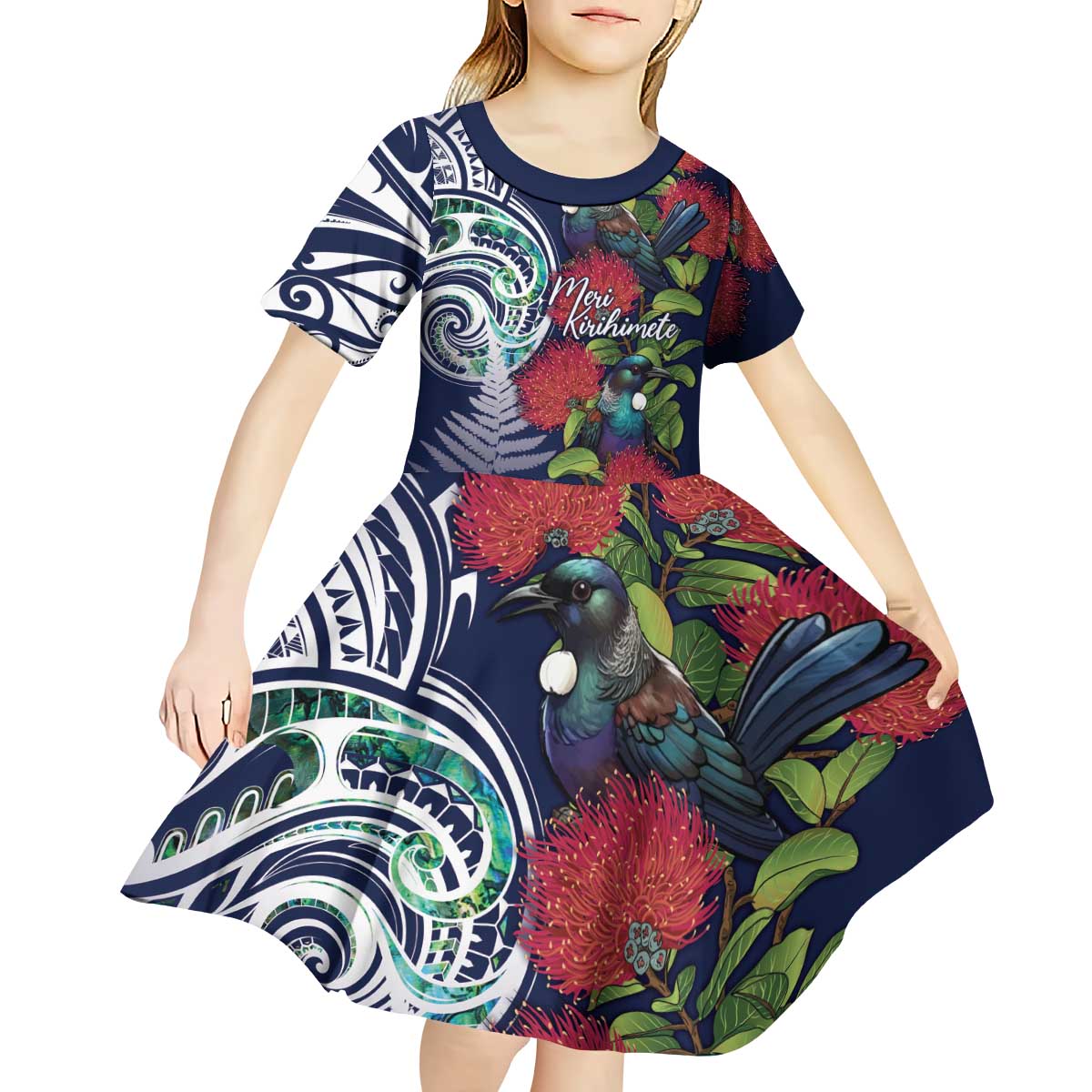 Meri Kirihimete New Zealand Kid Short Sleeve Dress Tui on Pohutukawa - Blue Ver LT7 - Polynesian Pride
