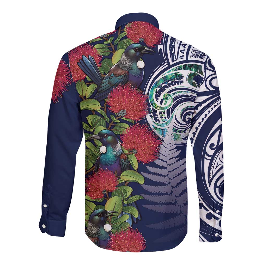 Meri Kirihimete New Zealand Long Sleeve Button Shirt Tui on Pohutukawa - Blue Ver