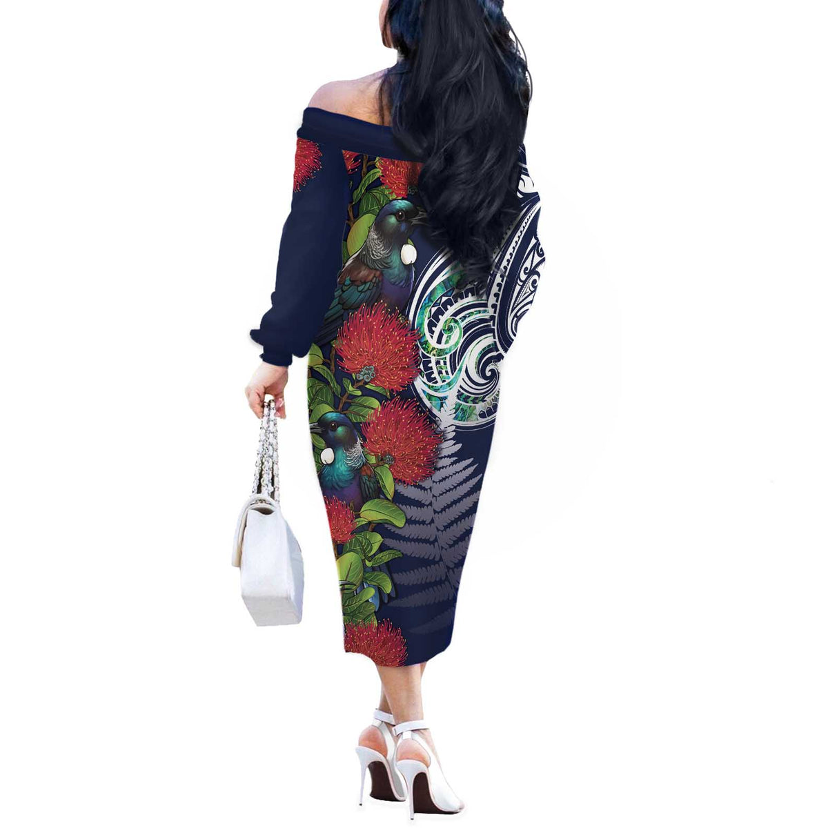 Meri Kirihimete New Zealand Off The Shoulder Long Sleeve Dress Tui on Pohutukawa - Blue Ver LT7 - Polynesian Pride