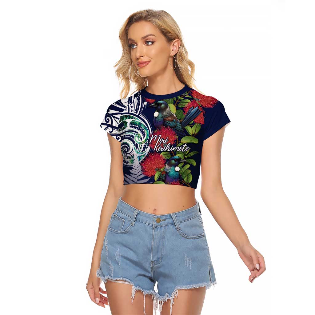 Meri Kirihimete New Zealand Raglan Cropped T Shirt Tui on Pohutukawa - Blue Ver