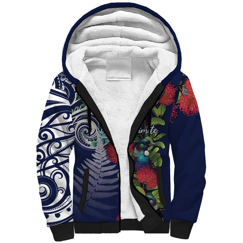 Meri Kirihimete New Zealand Sherpa Hoodie Tui on Pohutukawa - Blue Ver LT7 Unisex Blue - Polynesian Pride