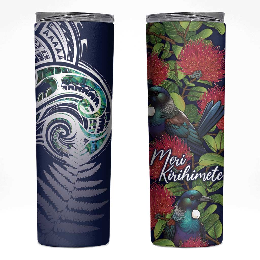 Meri Kirihimete New Zealand Skinny Tumbler Tui on Pohutukawa - Blue Ver LT7 Blue - Polynesian Pride