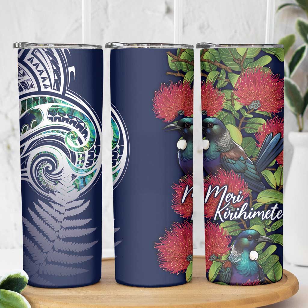 Meri Kirihimete New Zealand Skinny Tumbler Tui on Pohutukawa - Blue Ver LT7 - Polynesian Pride