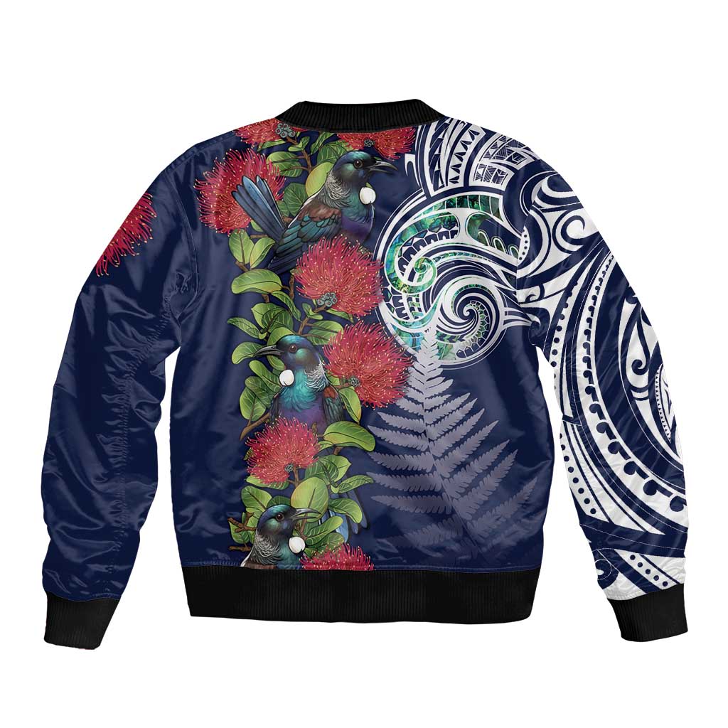 Meri Kirihimete New Zealand Sleeve Zip Bomber Jacket Tui on Pohutukawa - Blue Ver