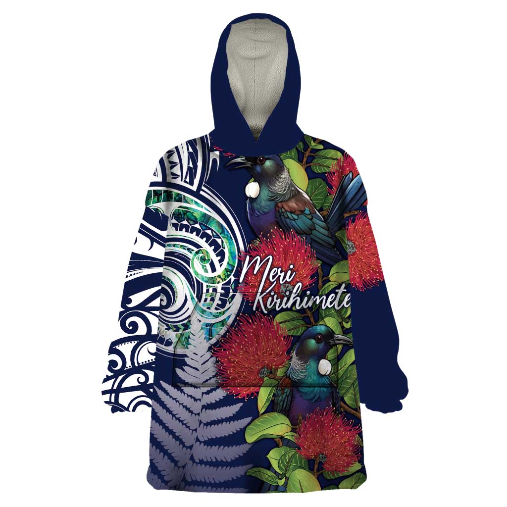 Meri Kirihimete New Zealand Wearable Blanket Hoodie Tui on Pohutukawa - Blue Ver LT7 One Size Blue - Polynesian Pride