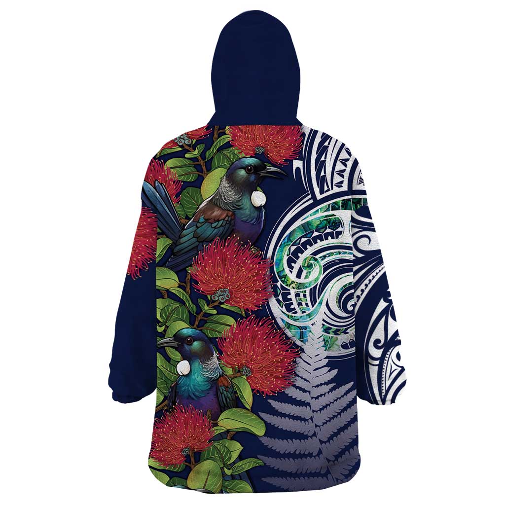Meri Kirihimete New Zealand Wearable Blanket Hoodie Tui on Pohutukawa - Blue Ver LT7 - Polynesian Pride