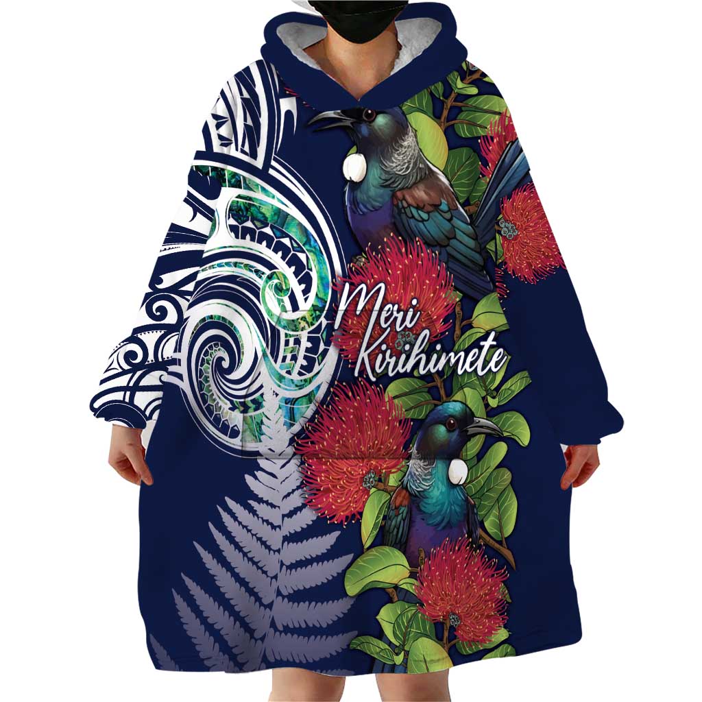 Meri Kirihimete New Zealand Wearable Blanket Hoodie Tui on Pohutukawa - Blue Ver LT7 - Polynesian Pride
