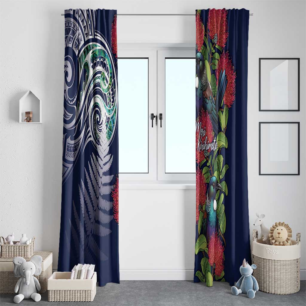 Meri Kirihimete New Zealand Window Curtain Tui on Pohutukawa - Blue Ver