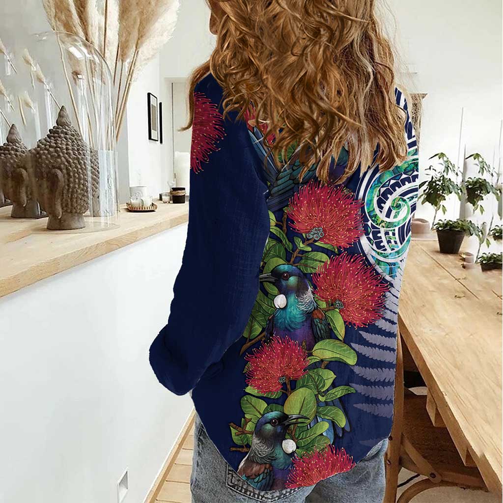 Meri Kirihimete New Zealand Women Casual Shirt Tui on Pohutukawa - Blue Ver LT7 - Polynesian Pride