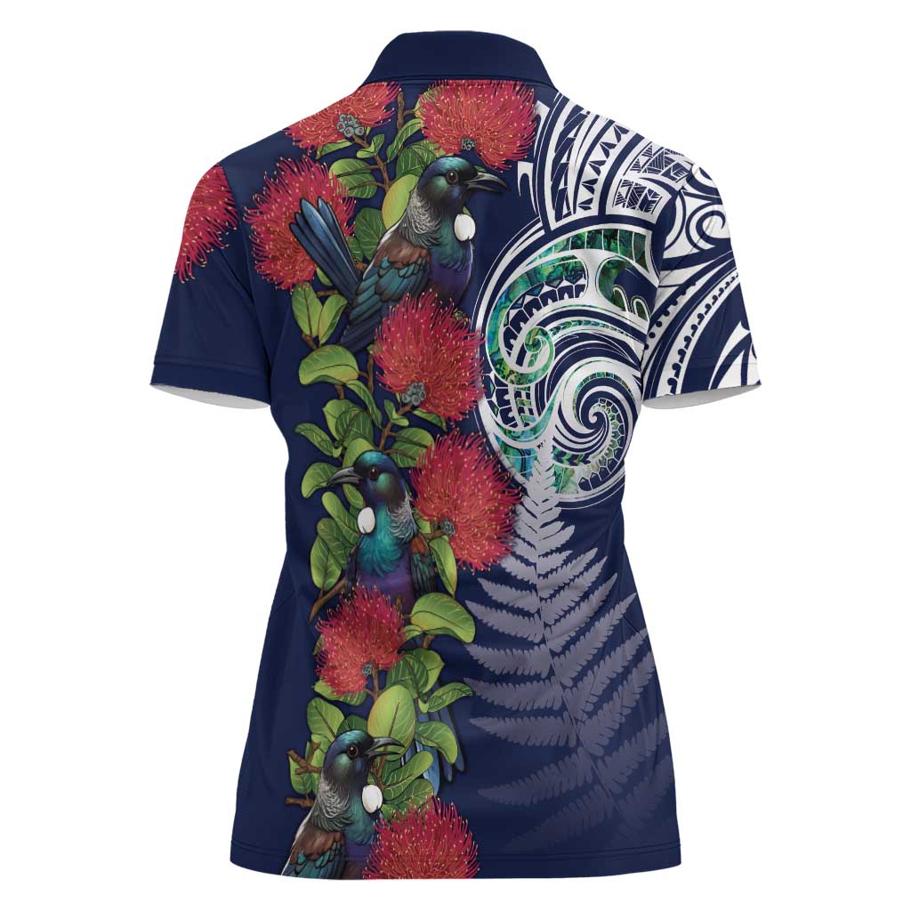 Meri Kirihimete New Zealand Women Polo Shirt Tui on Pohutukawa - Blue Ver LT7 - Polynesian Pride